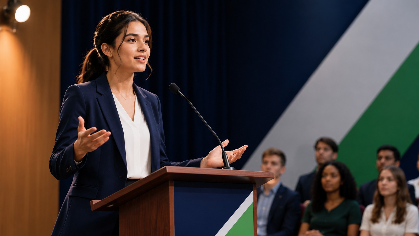Student rehearsing a competitive original oratory speech at a podium in front of an audience