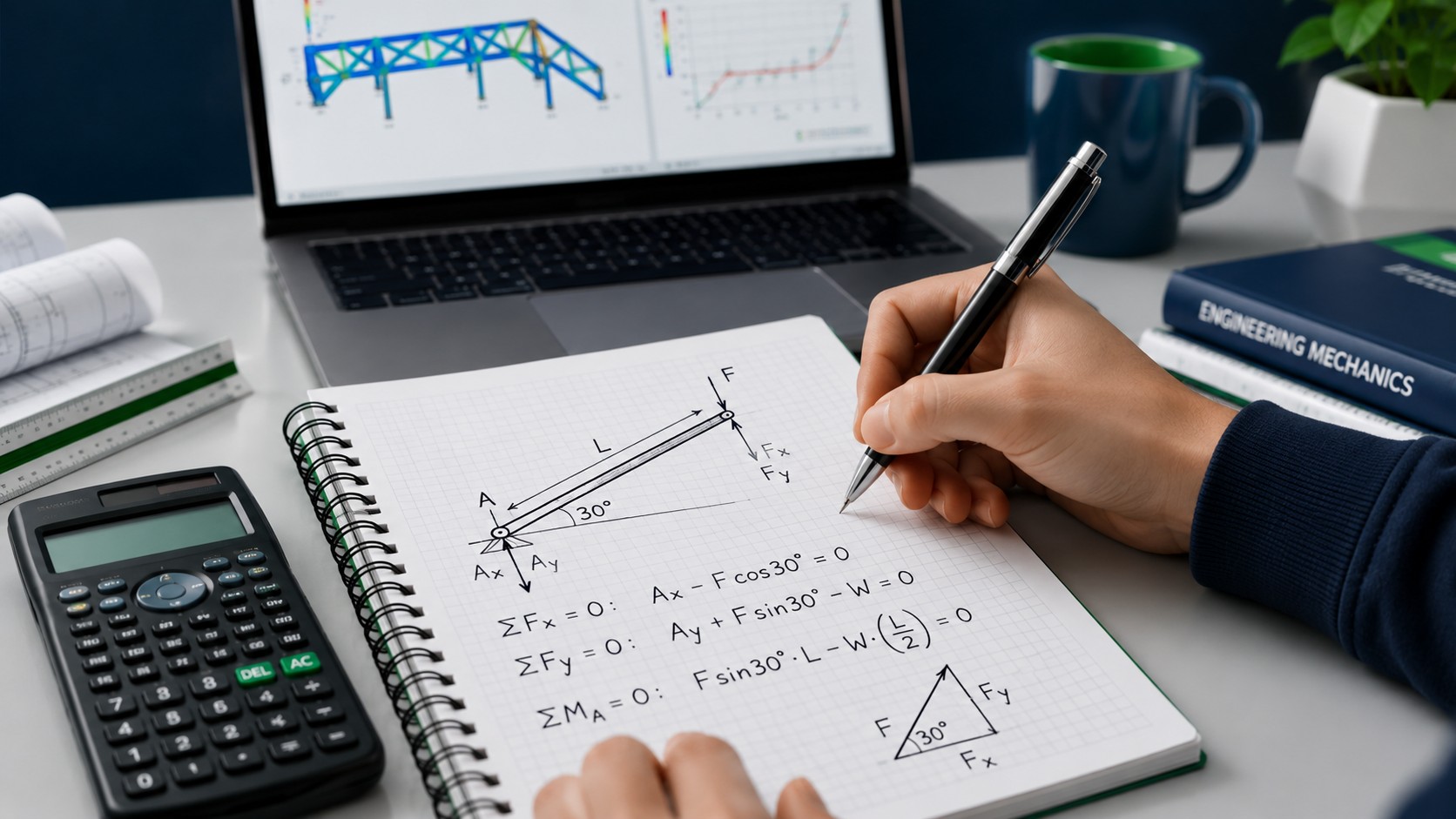 Engineering student working through a labeled free body diagram and equations with a calculator and laptop showing a simulation