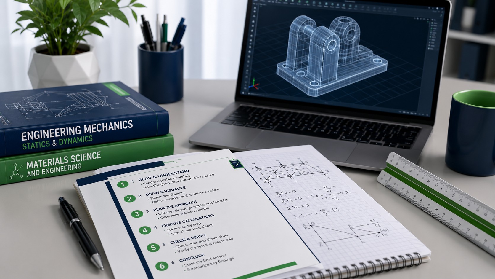 Organized engineering study workspace with a structured problem solving checklist, reference textbooks and a laptop showing CAD software