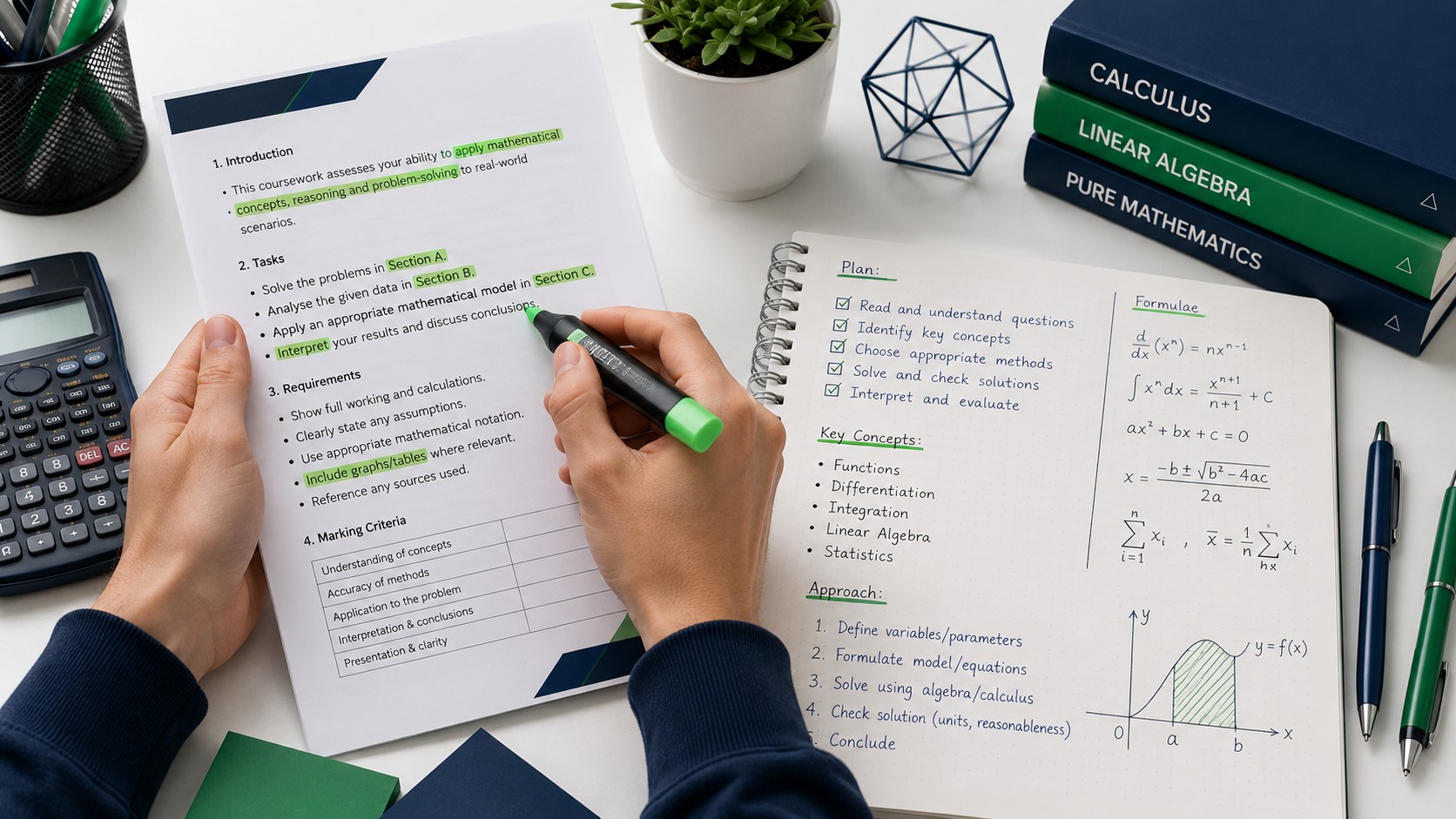 Student decoding a maths coursework brief with highlighted command words and a structured plan