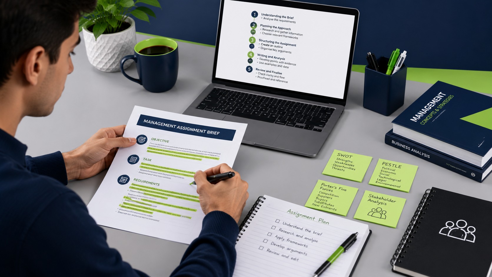 Student planning a management assignment with frameworks and notes on a desk