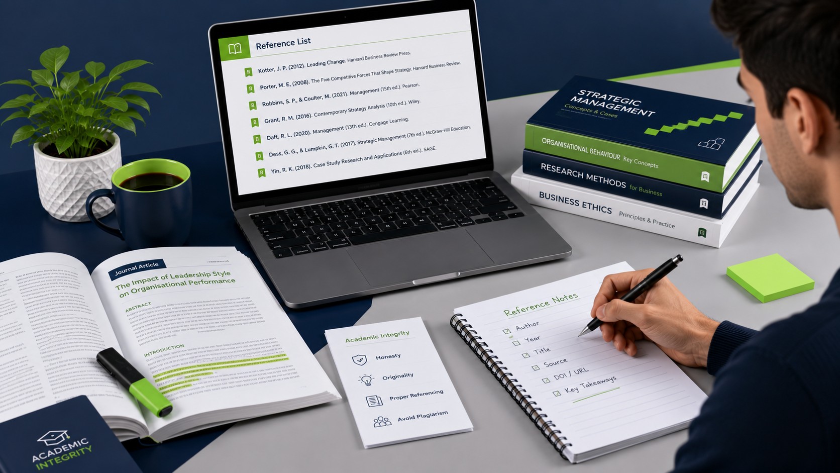 Management student organizing references and sources for a business assignment