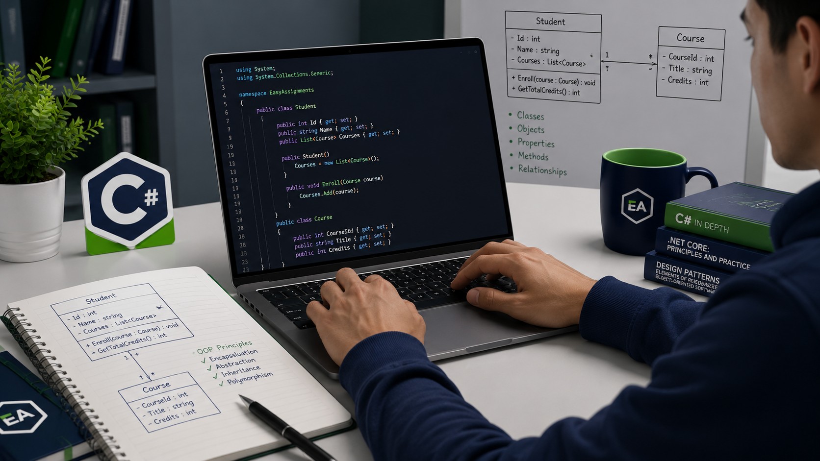 Student writing structured C# object-oriented code on a laptop with class diagrams nearby