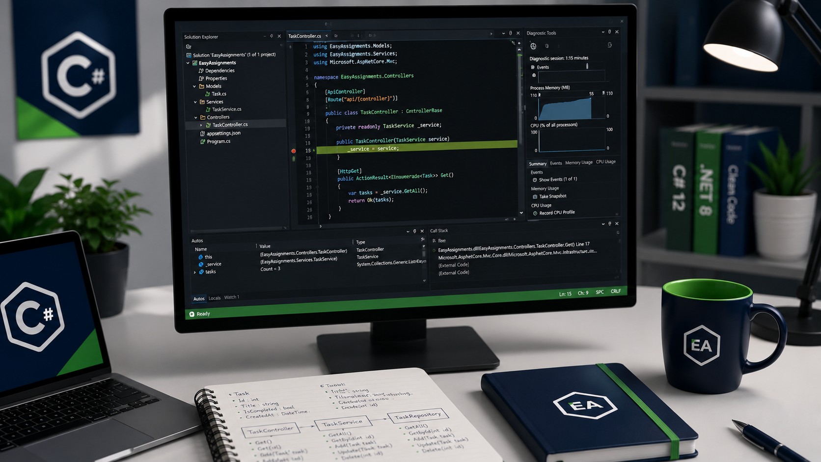 Visual Studio interface showing a C# project with the debugger and code editor open
