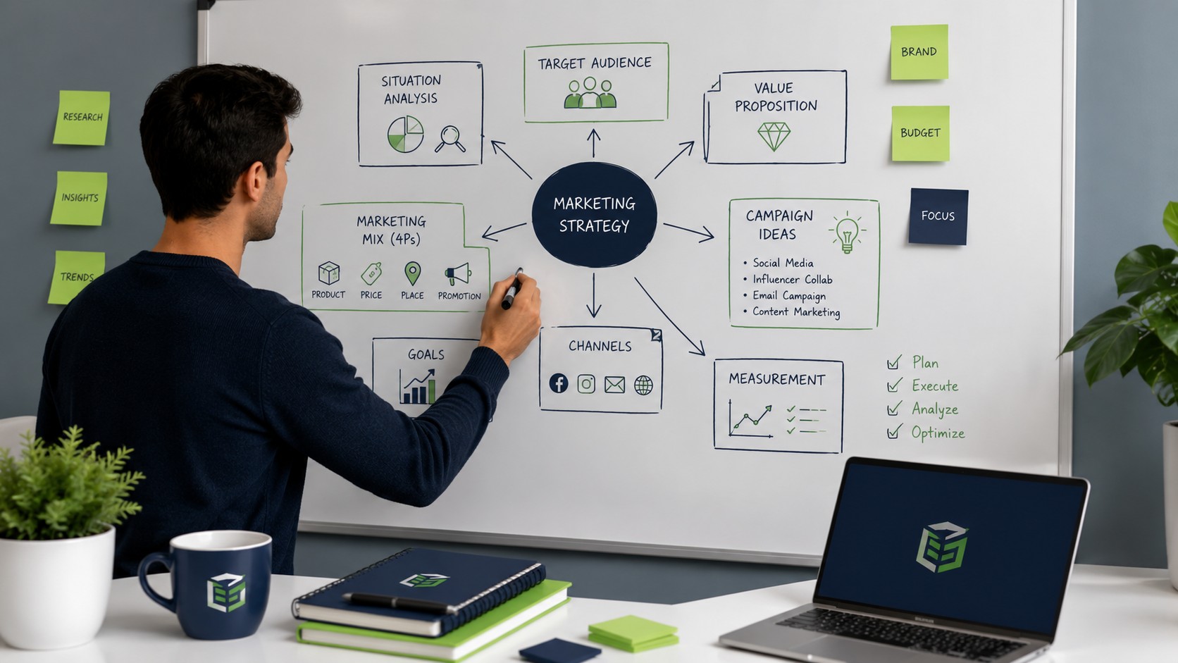 Student mapping marketing frameworks and campaign ideas on a whiteboard for an assignment