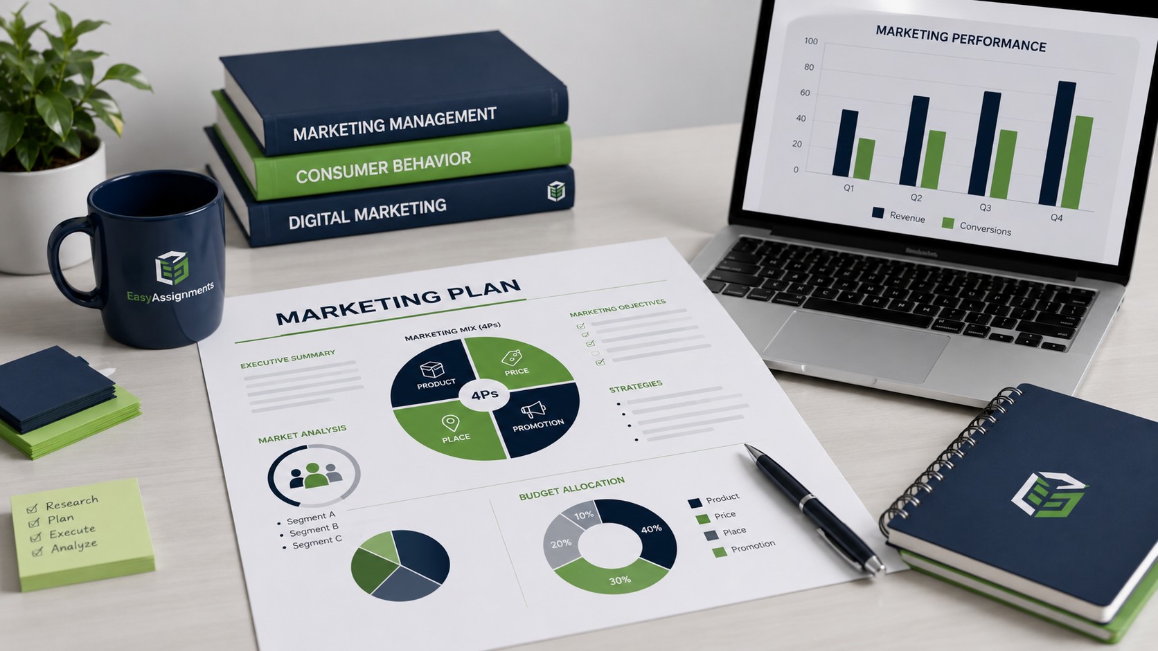 Marketing plan document with the 4Ps, target segments, and budget laid out on a desk
