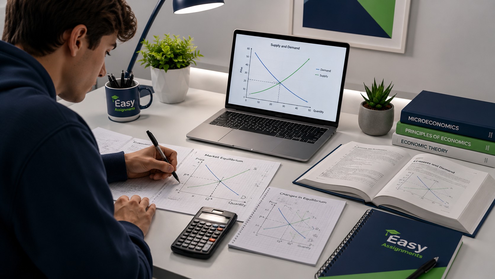 Student working through microeconomics supply and demand graphs for an economics homework assignment