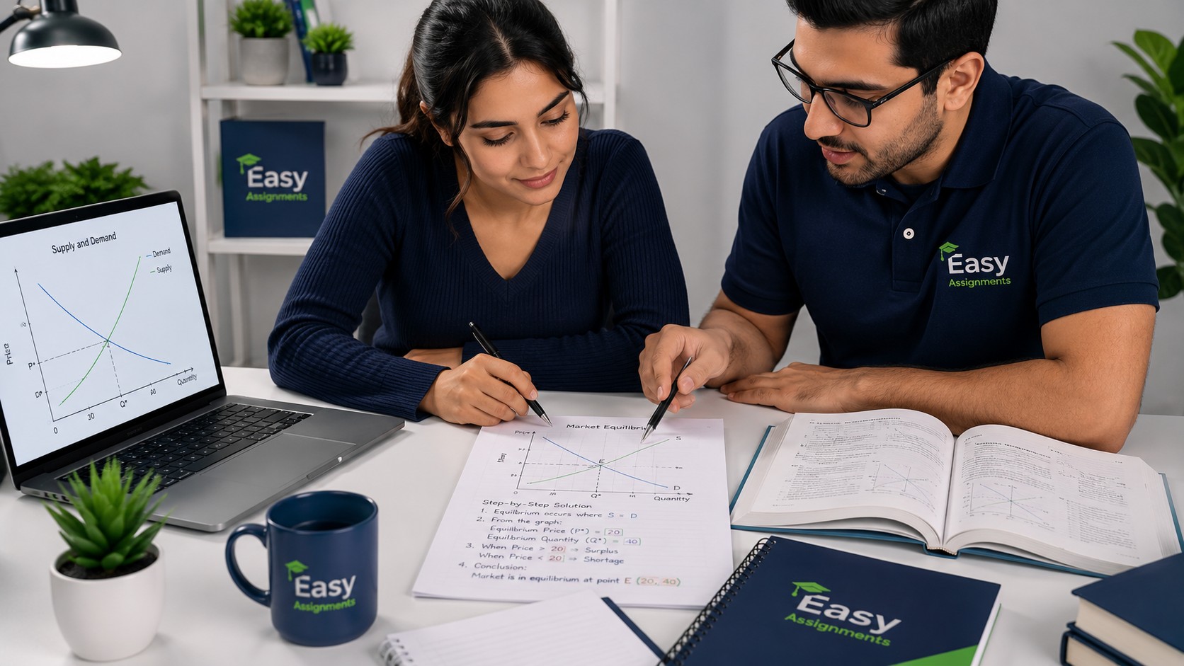 Tutor and student reviewing a worked economics solution together at a desk with charts and notes