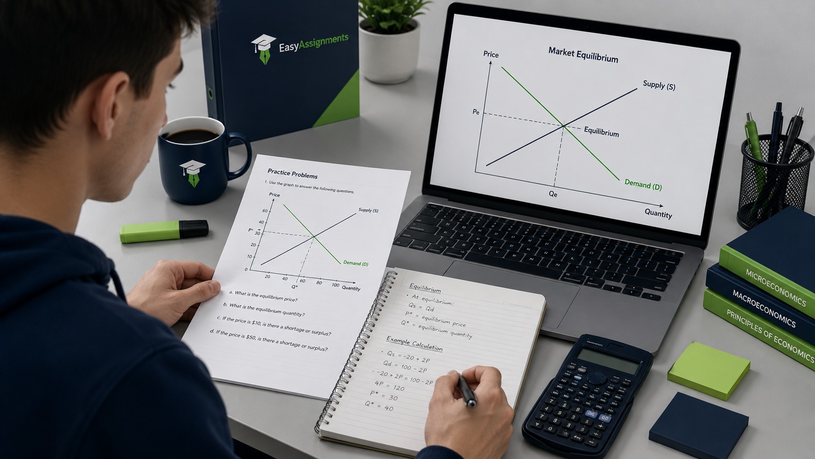 Student working through an economics homework problem set with supply and demand graphs and a calculator