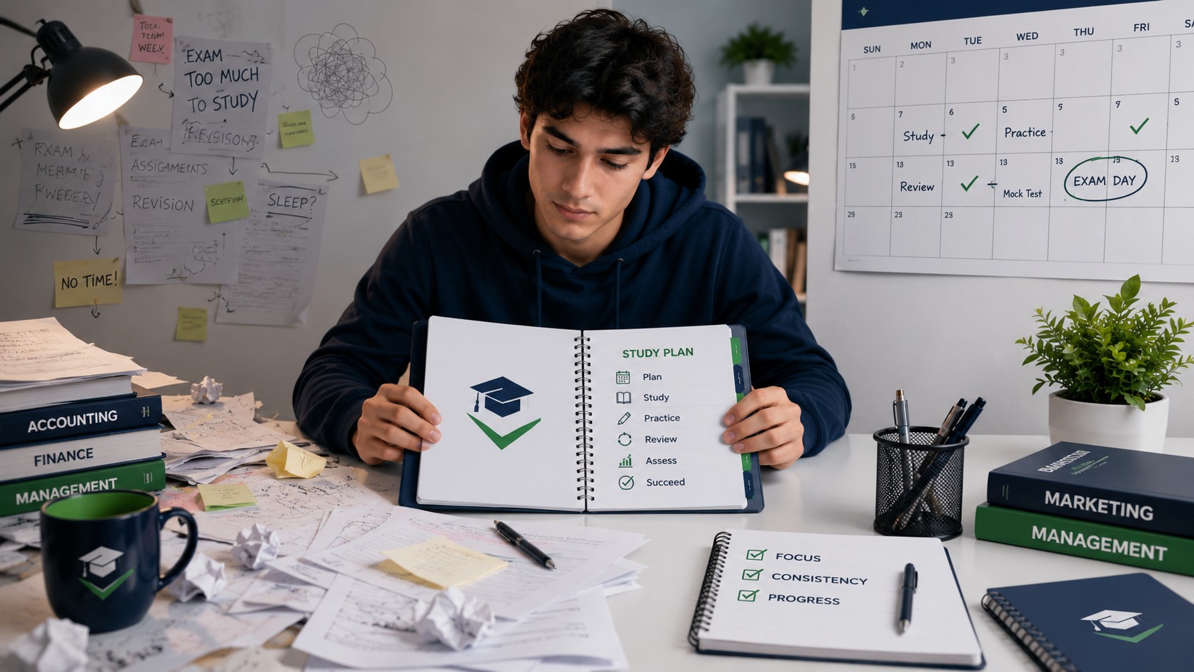 Stressed student surrounded by deadlines choosing to plan exam preparation instead of a shortcut