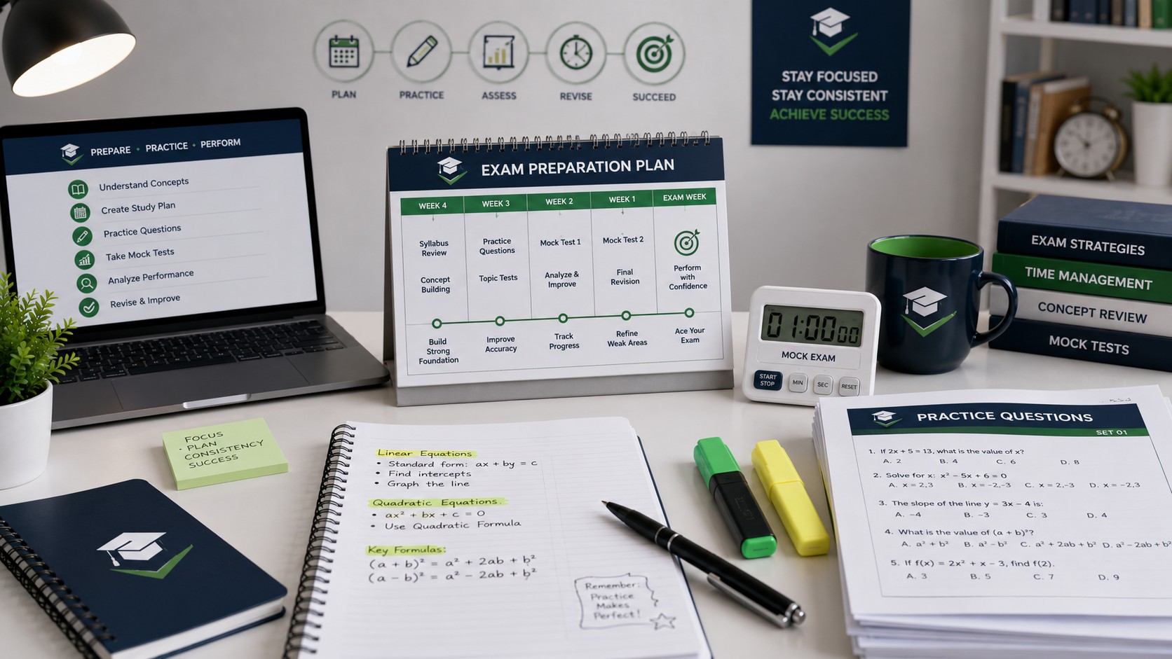 Organized exam preparation plan with a study calendar, practice questions, and timed mock test on a clean desk