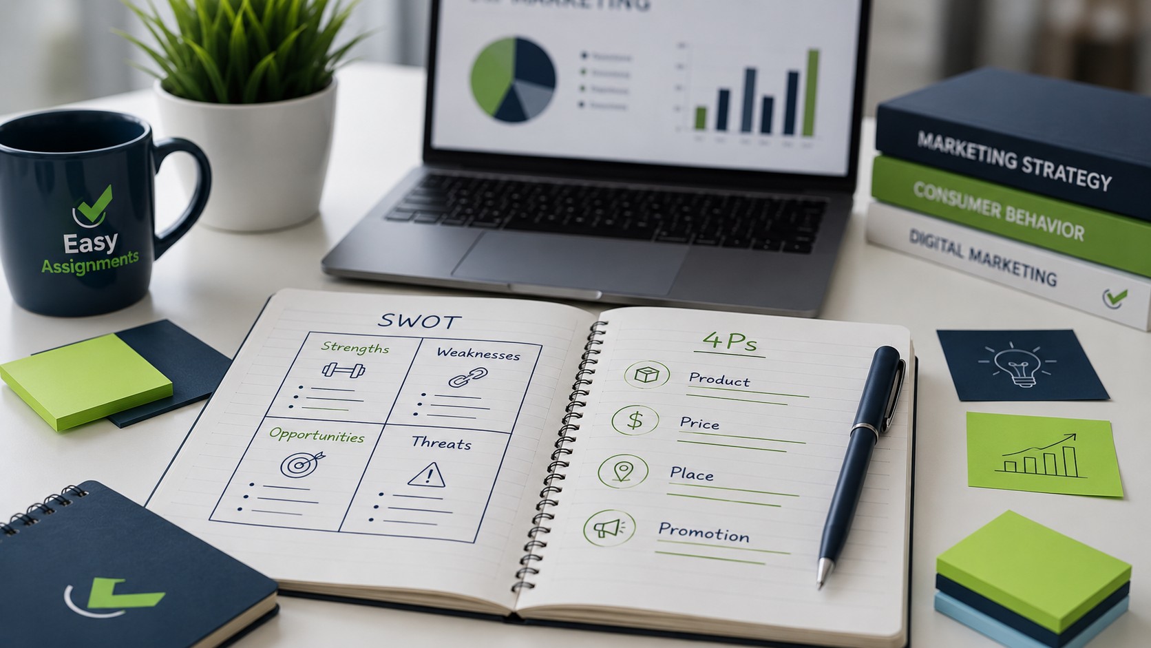 Student organizing marketing assignment notes with 4Ps and SWOT diagrams on a desk