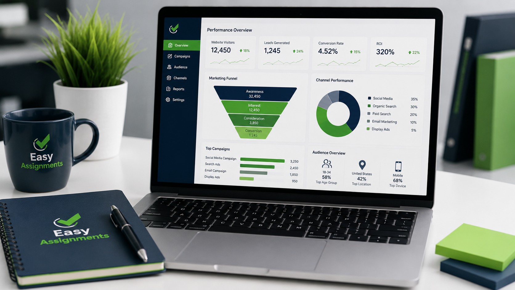 Digital marketing dashboard showing campaign metrics and a customer journey funnel