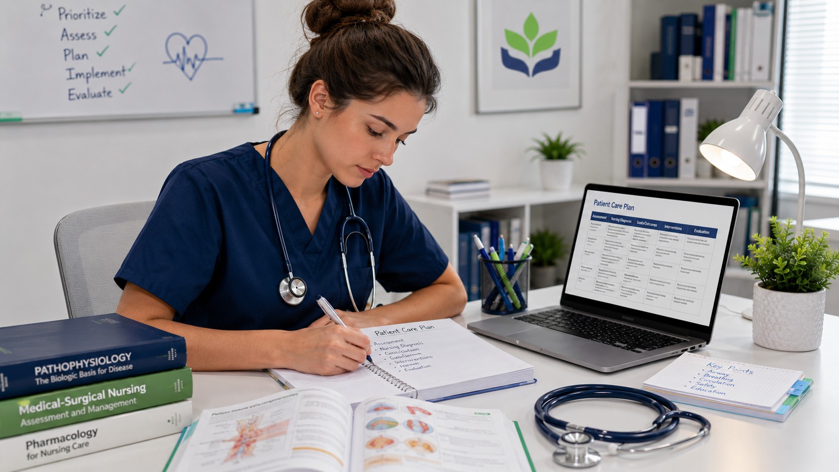 Nursing student writing a patient care plan with textbooks, laptop, and stethoscope on a desk