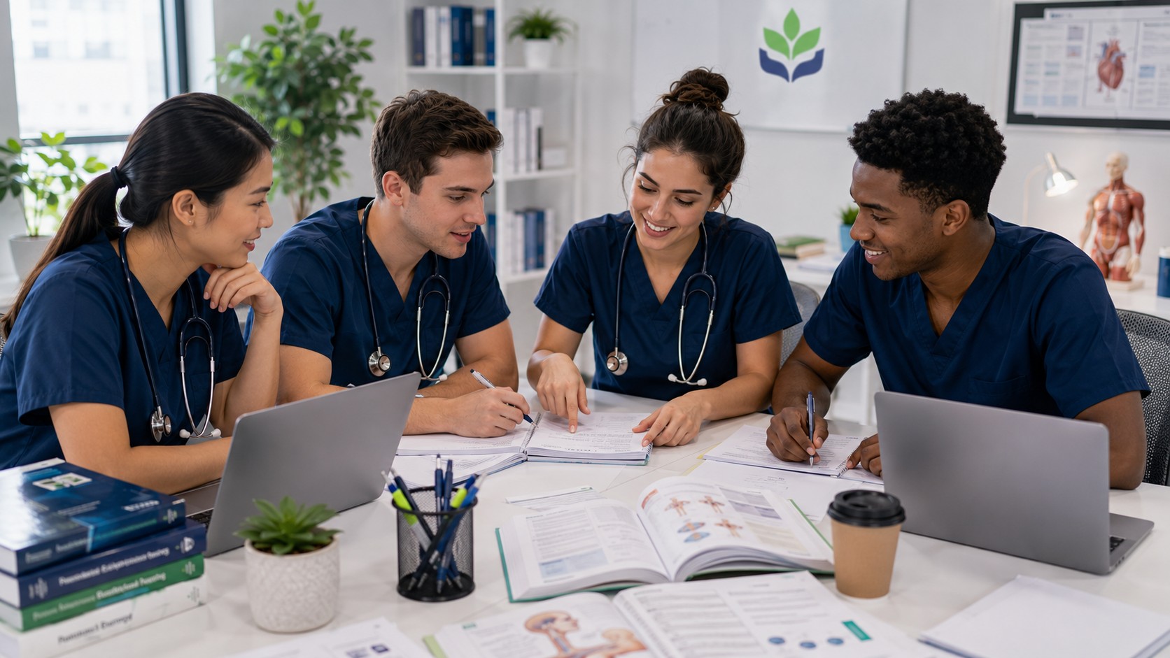 Diverse group of registered nursing students collaborating on coursework in a bright study space