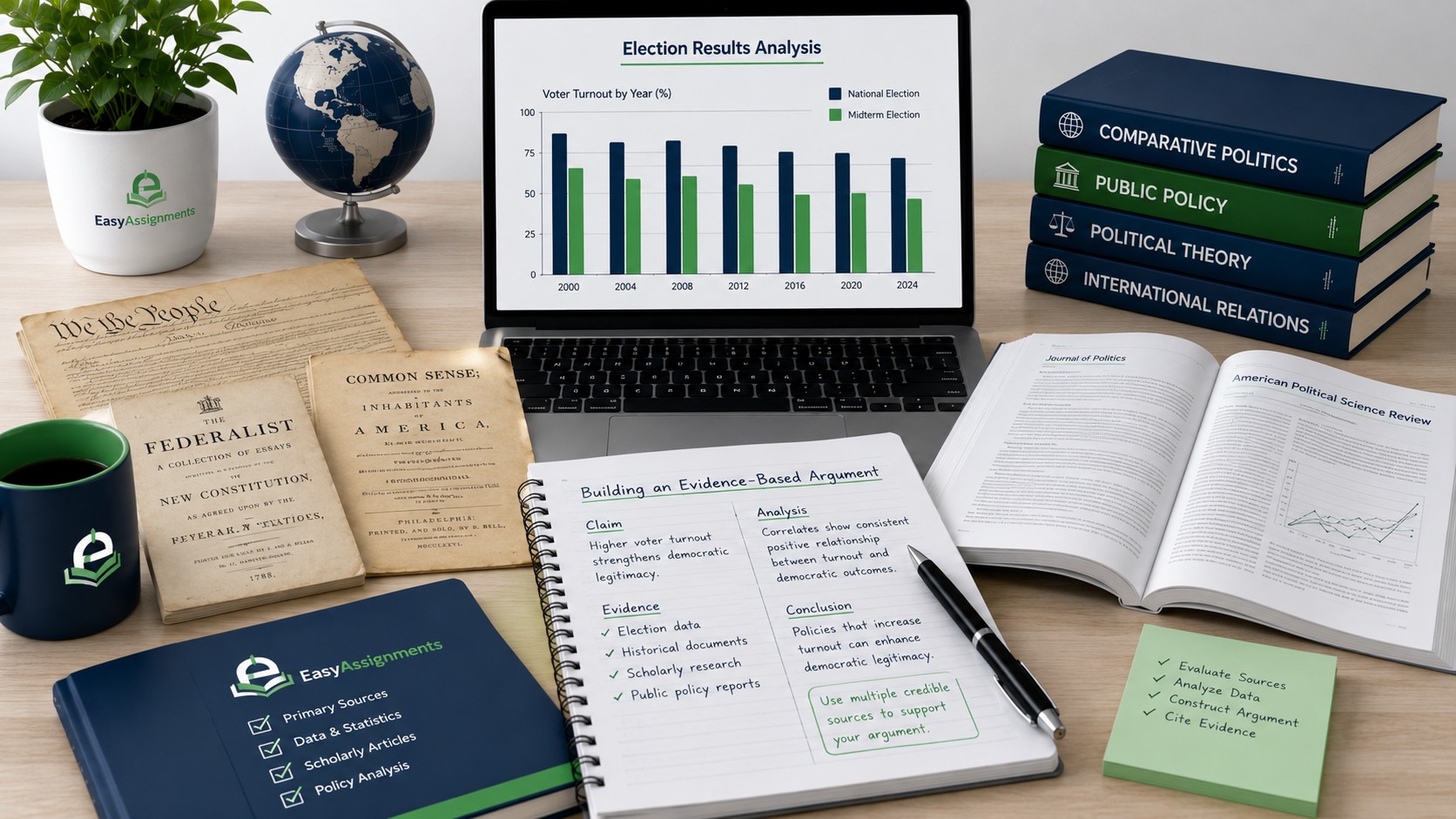 Desk with primary sources, election data charts and scholarly articles used to build a political science argument