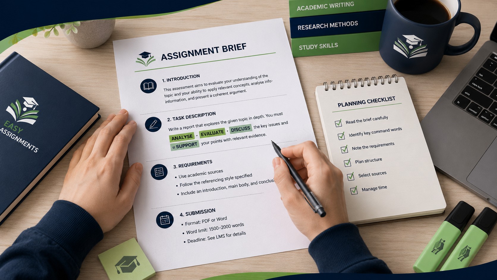 Student decoding an assignment brief with highlighted command words and a planning checklist