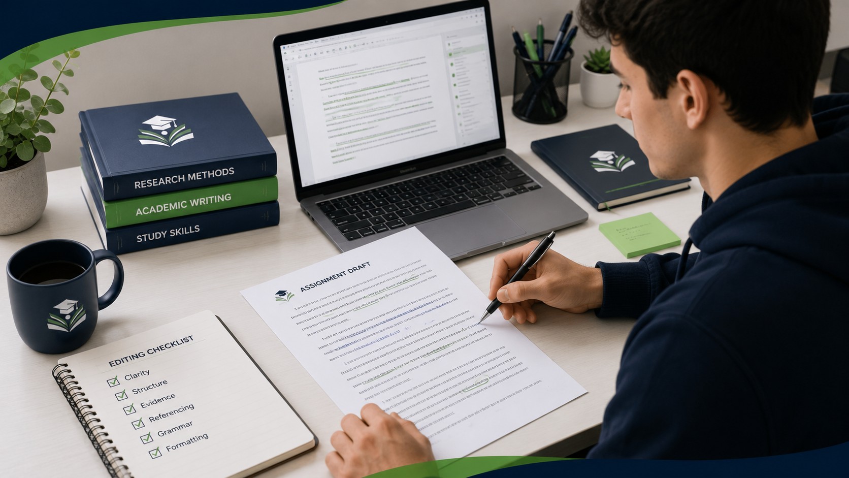 Student editing an assignment draft in separate passes for structure clarity and proofreading