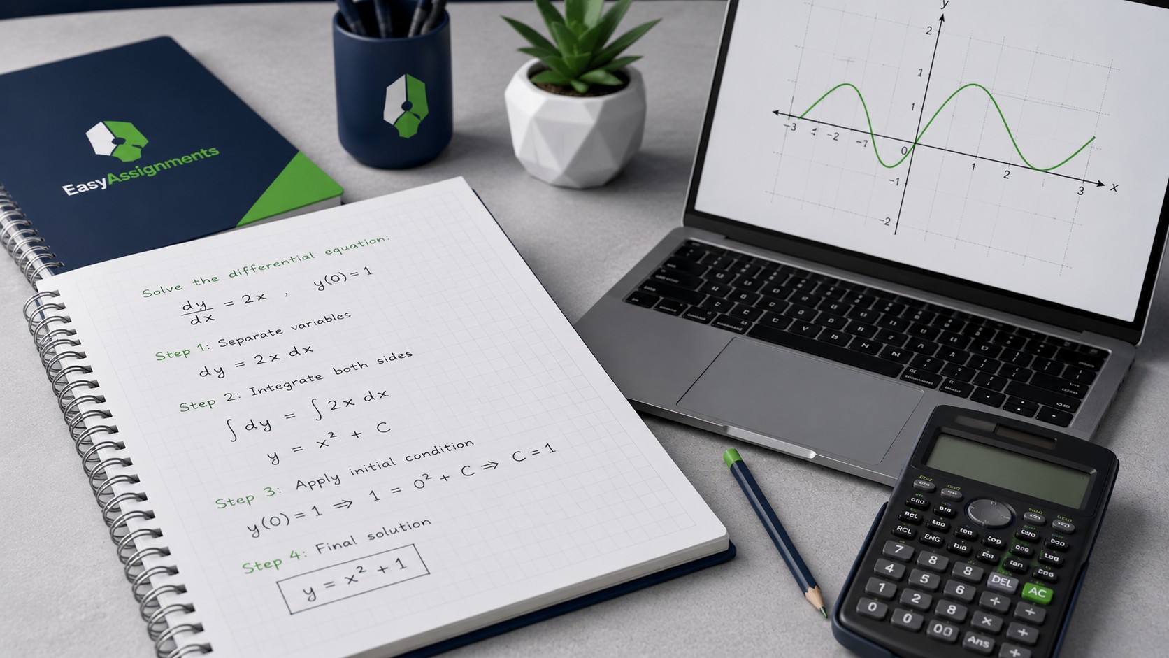 Student working through step by step math equations with a math assignment helper on paper and laptop