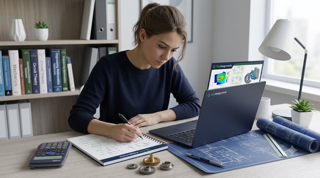 Engineering student solving technical assignment calculations with blueprints and a laptop