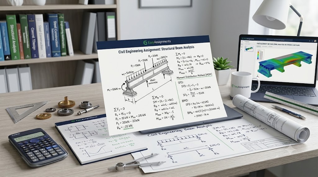 Civil engineering structural diagram with beams and load calculations on a technical workspace