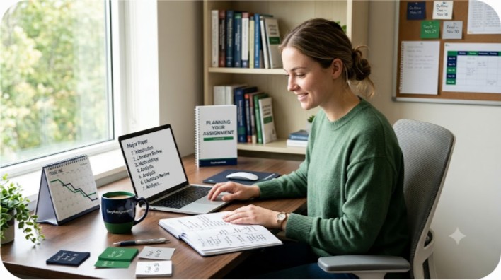 Student planning an assignment with an outline, calendar, and laptop on a tidy desk