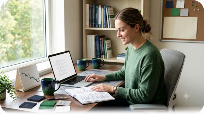 Student comparing assignment help options on a laptop while reviewing notes and a checklist