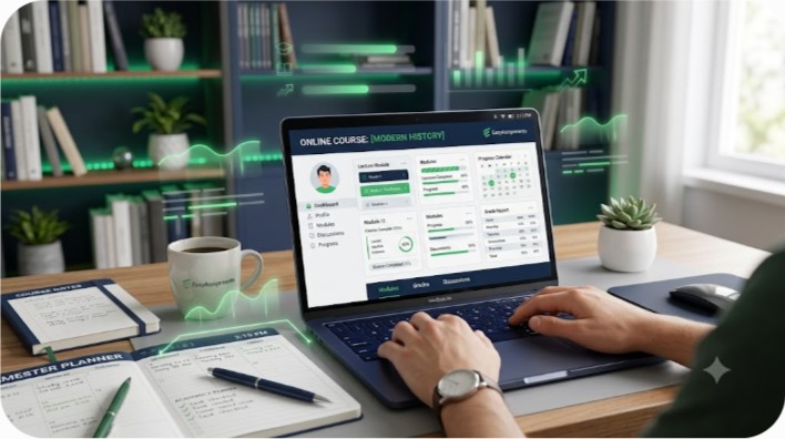Student reviewing an online course dashboard with study notes and a planner for managing coursework deadlines