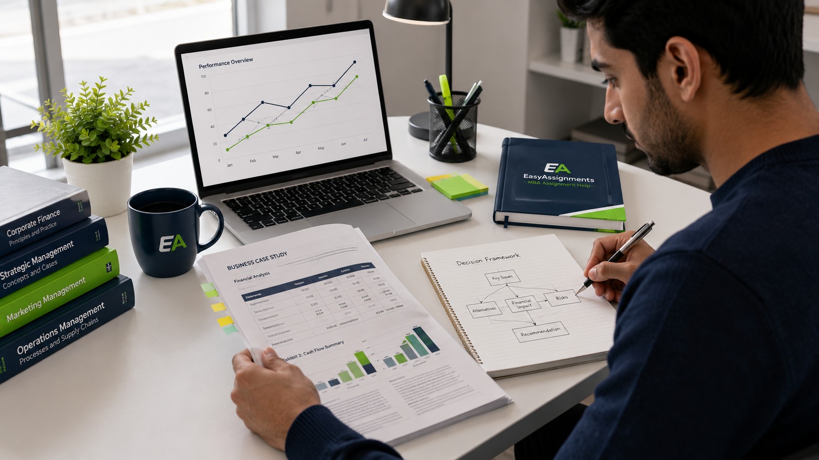 MBA student analysing a business case study with financial exhibits and a strategy framework on a laptop