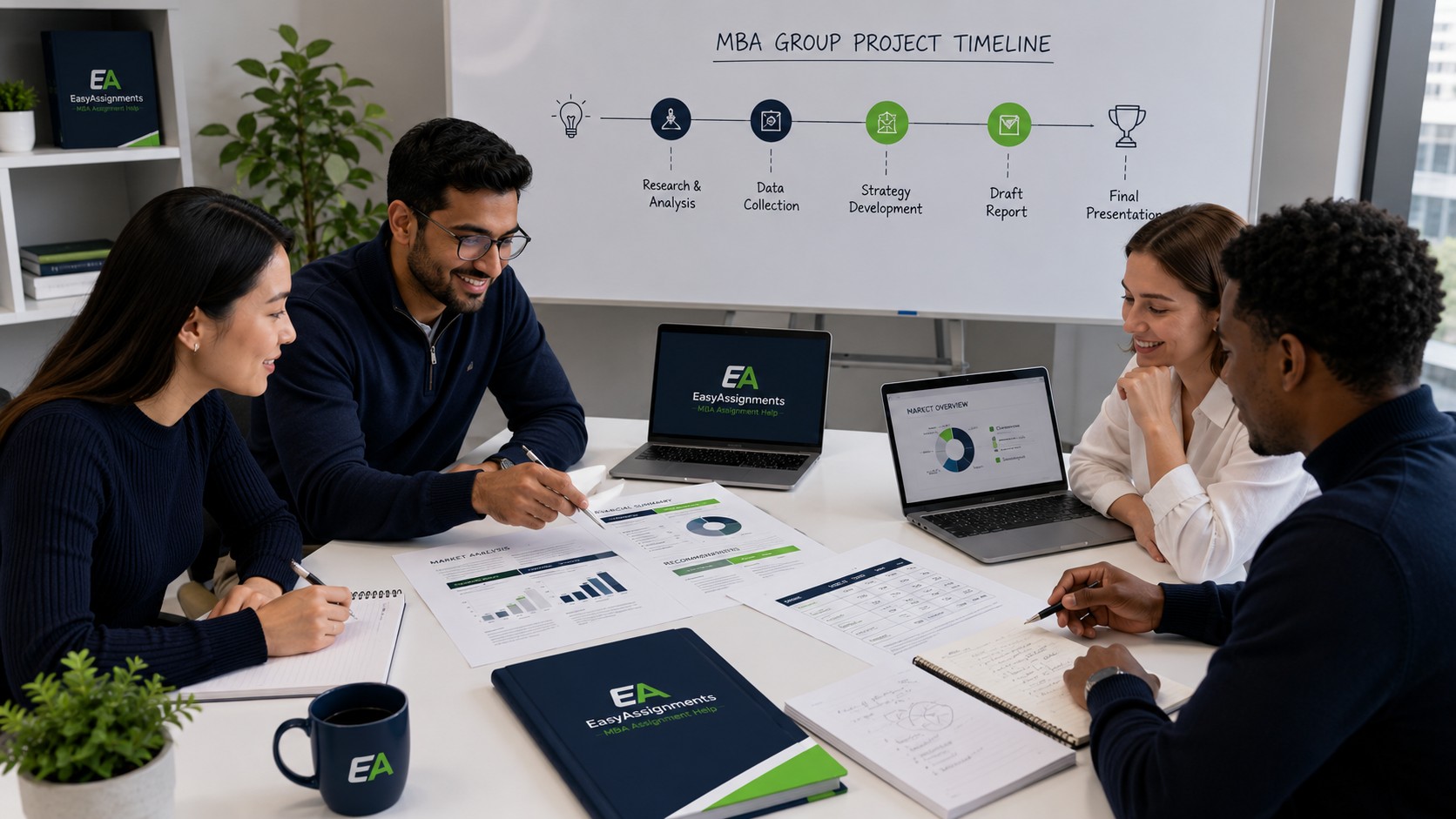 MBA group project team collaborating on a business report with shared documents and a project timeline