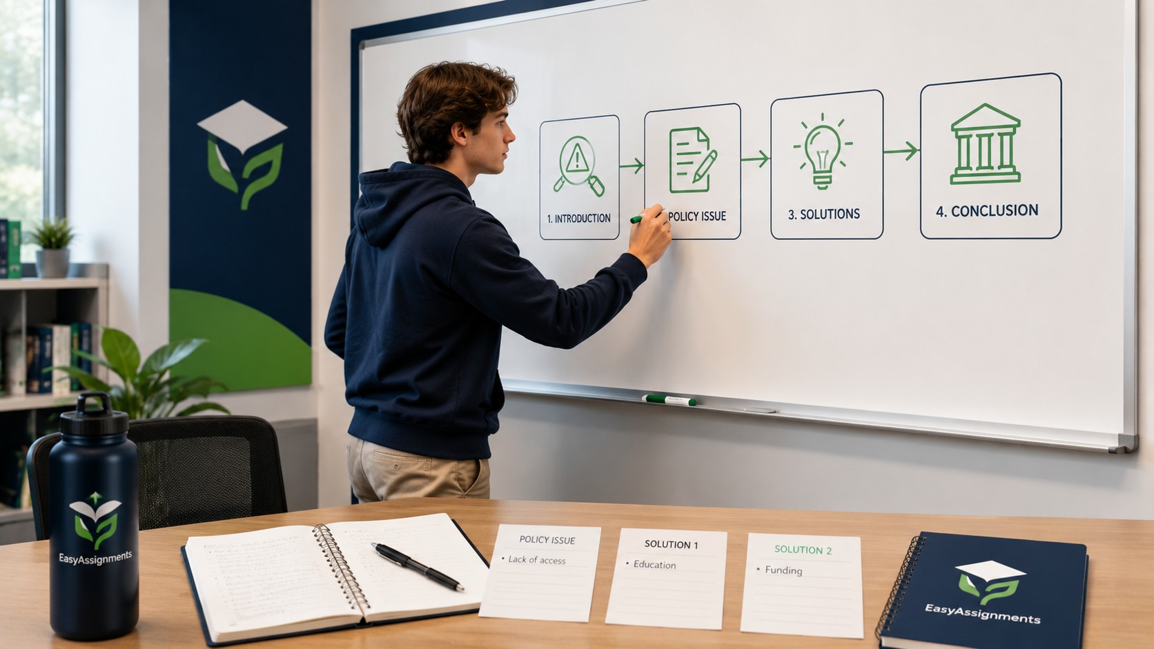 Student outlining a speech of policy on a whiteboard showing harm, inherency, solvency, and disadvantages