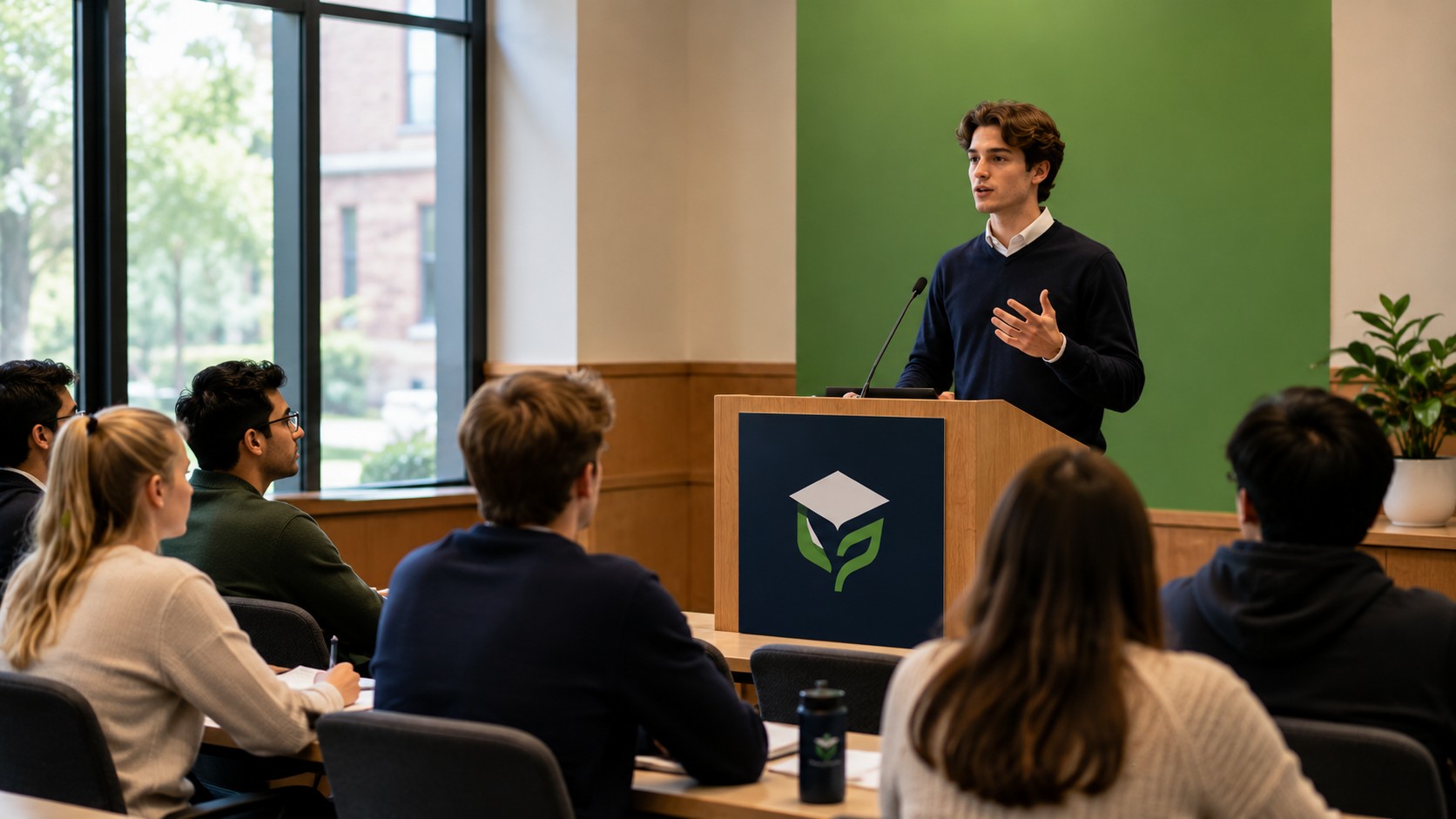 Speaker delivering a policy speech at a lectern while an audience takes notes in a university seminar room