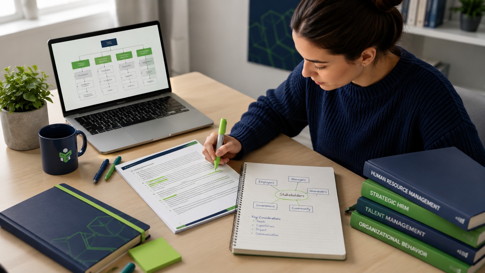 Student planning a human resource management assignment with HRM models and case study notes on a desk
