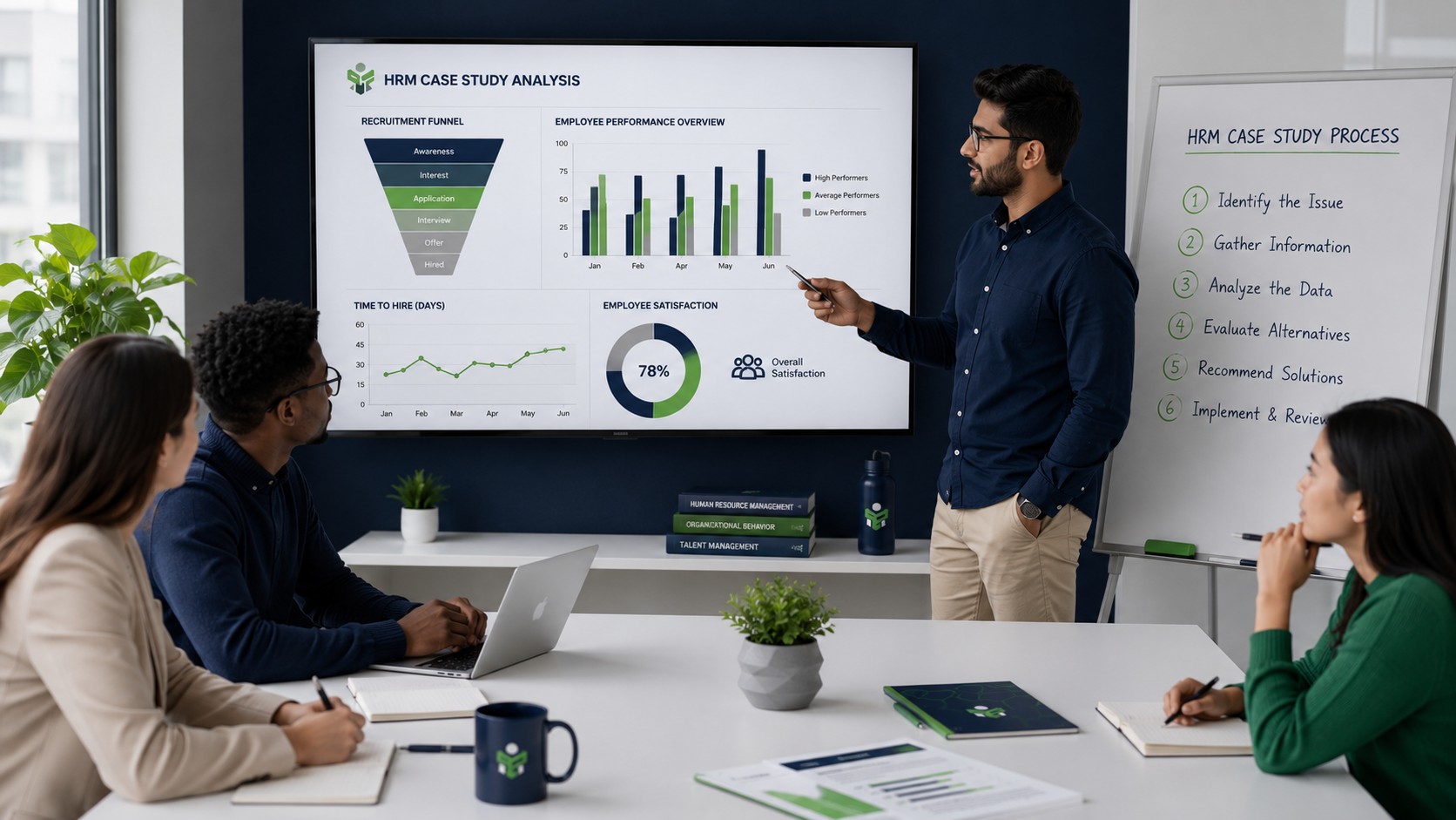 Team reviewing HR performance management and recruitment data in a modern office meeting