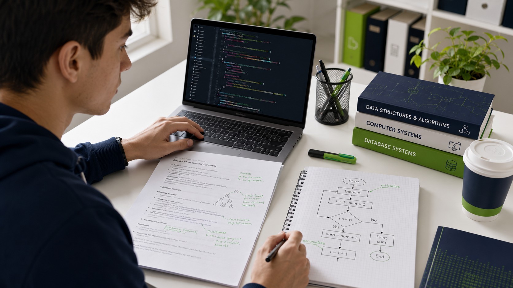 Student working through a computer science assignment with code editor and algorithm notes for data structures coursework