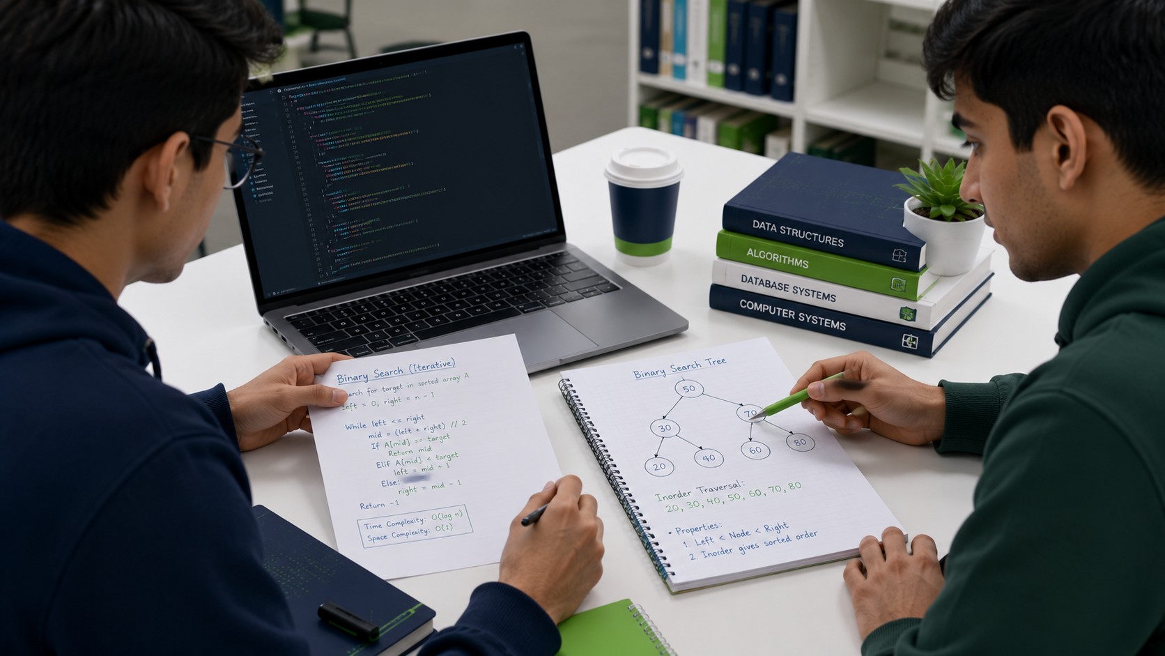 Study session comparing algorithm complexity notes and test cases during computer science assignment help