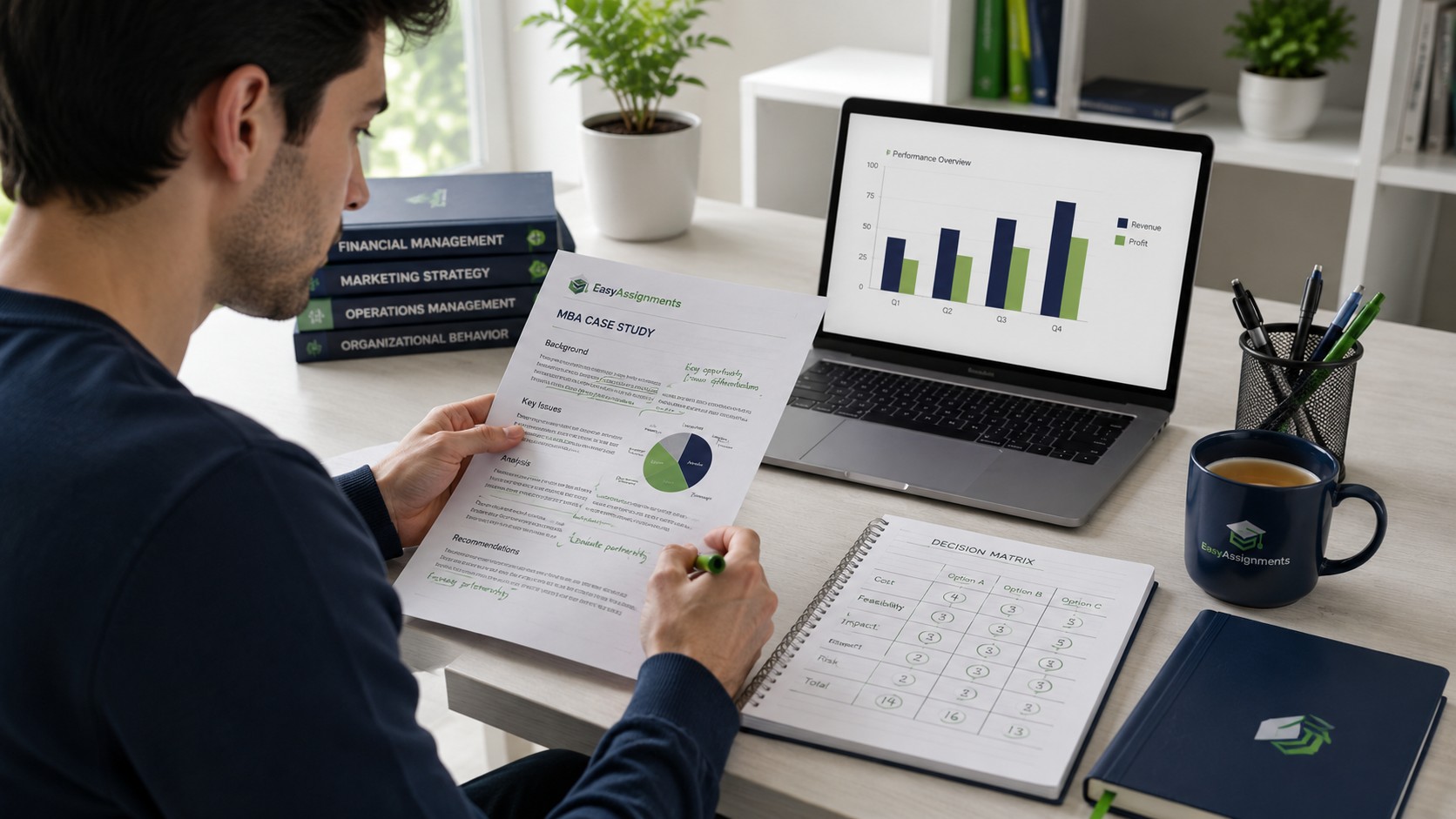 MBA student reviewing a case study analysis and financial model with an MBA assignment helper