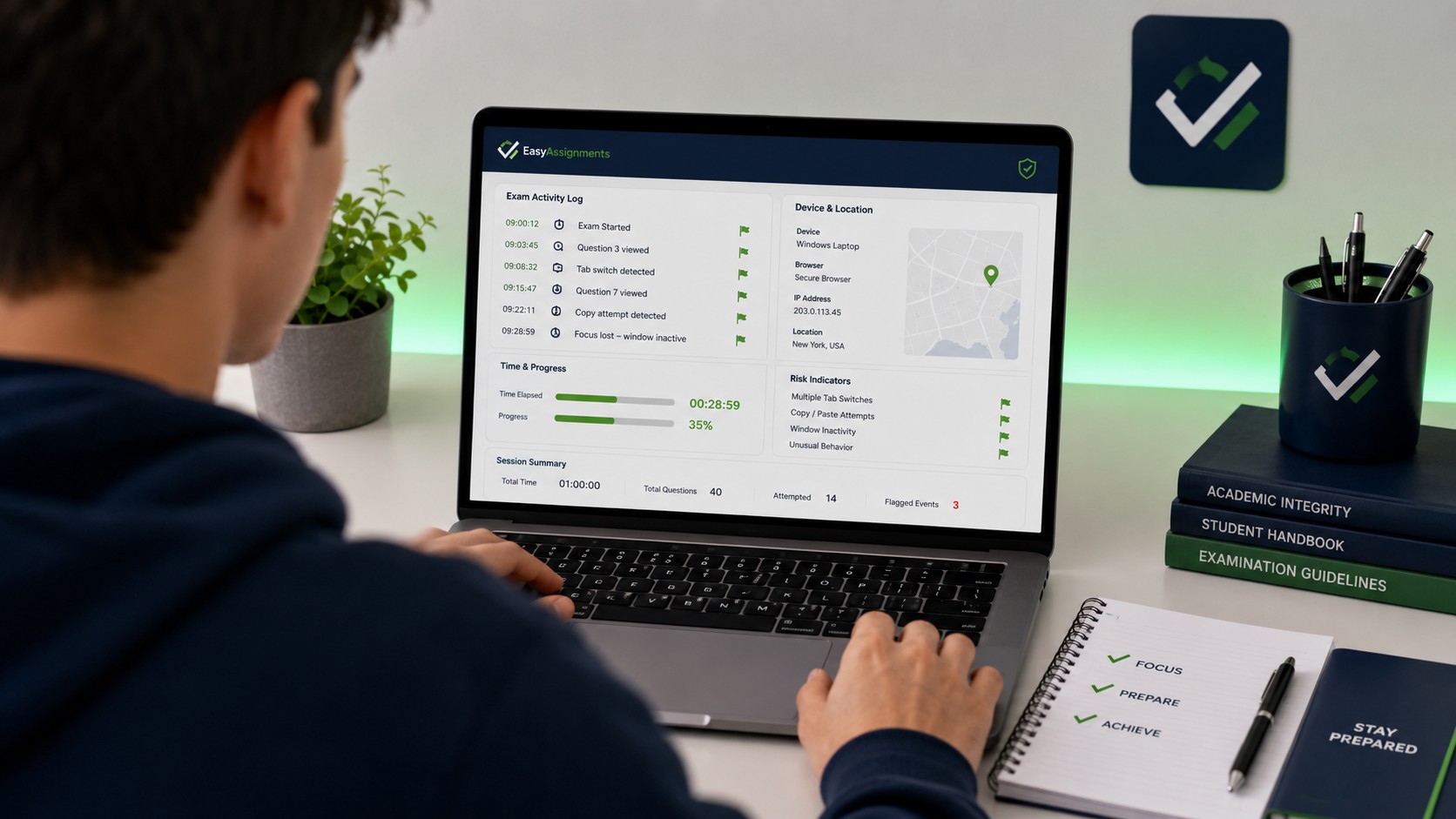 Student reviewing an online exam dashboard showing login history, session timing, and proctoring flags