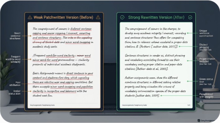Comparison of a weak patchwritten paraphrase and a strong rebuilt paraphrase side by side