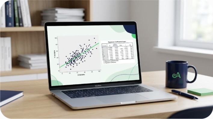 Laptop showing SPSS regression scatter plot with fitted line and coefficient output table for a statistics assignment
