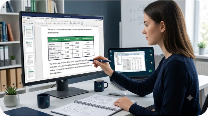 Student writing up SPSS regression results into a formatted academic report with a clean statistics table on screen