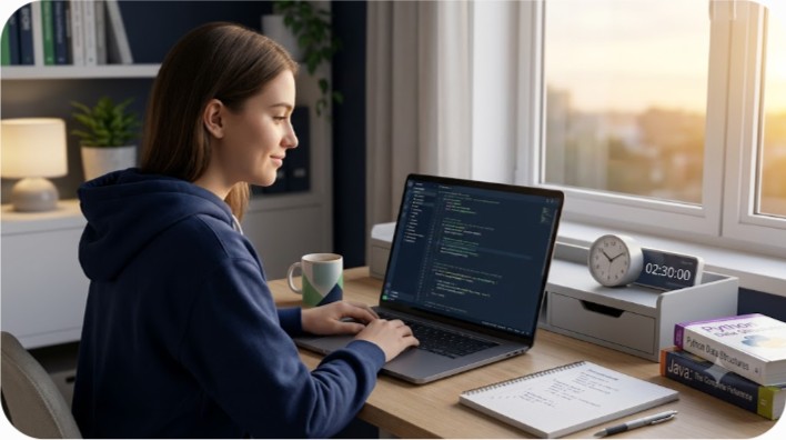 Student getting urgent Python and Java programming assignment help on a laptop before a deadline