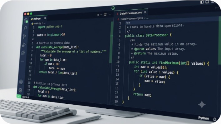 Clean, well-commented Python and Java code on screen representing quality urgent programming assignment help