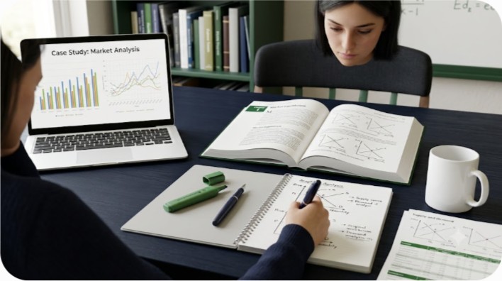 Student analysing economics supply and demand graphs with data charts for a plagiarism free assignment