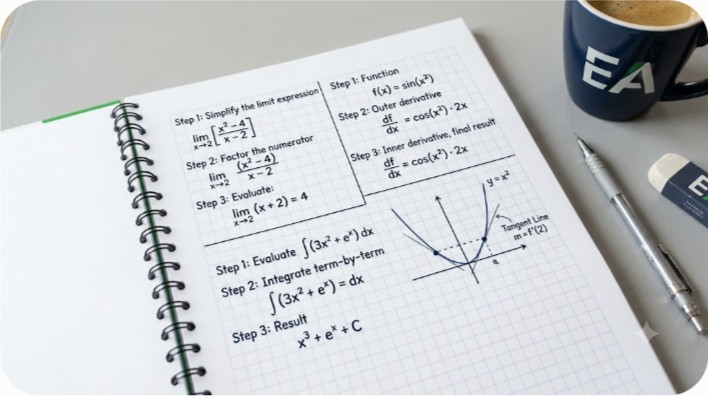 Notebook showing step by step calculus assignment work with limits, derivatives, and integrals