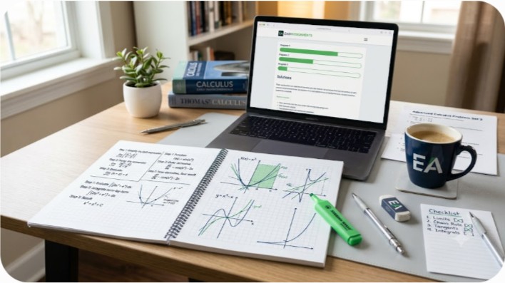 College student organizing a calculus homework session with graphs, notes, and a laptop