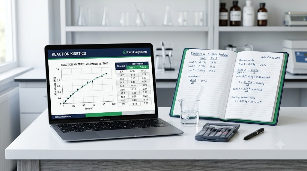 Student organising raw chemistry data into a labelled results table with units and significant figures on a laptop
