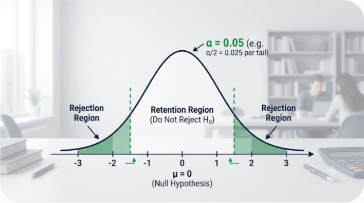 Normal distribution bell curve showing rejection regions and significance level for hypothesis testing in business statistics