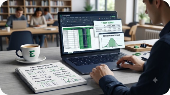 Student analyzing business statistics data in a spreadsheet with confidence intervals and t-test output on screen