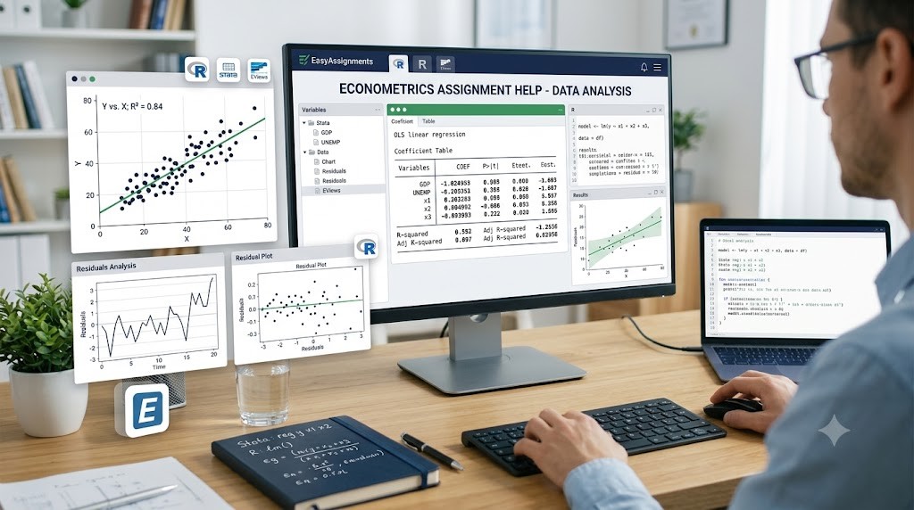 Student reviewing regression diagnostics and residual plots for an econometrics assignment